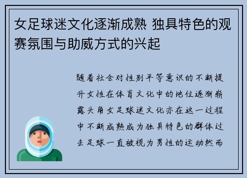 女足球迷文化逐渐成熟 独具特色的观赛氛围与助威方式的兴起